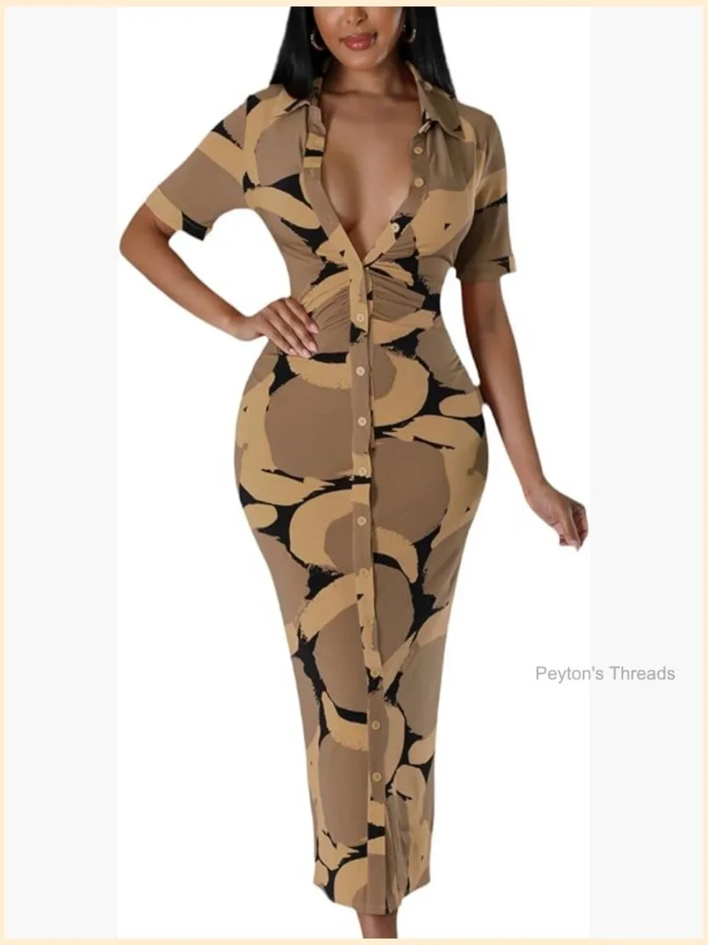 Button Down Shirt Dress Short Sleeve V Neck Bodycon Midi